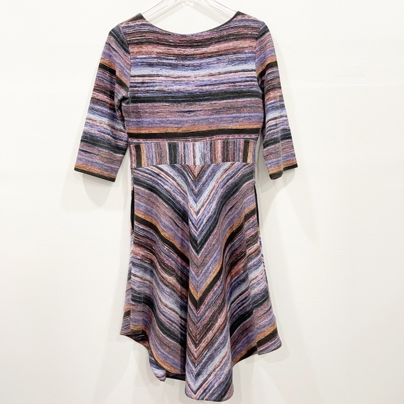 Anthropologie Maeve Kebren Purple Motif Stripe Dress Rounded Hem 3/4 Sleeve M - Picture 2 of 7